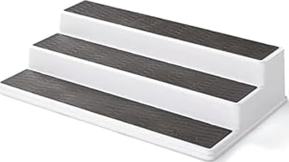3-tier staggered step-shelf design that creates a visual staircase effect for visibility