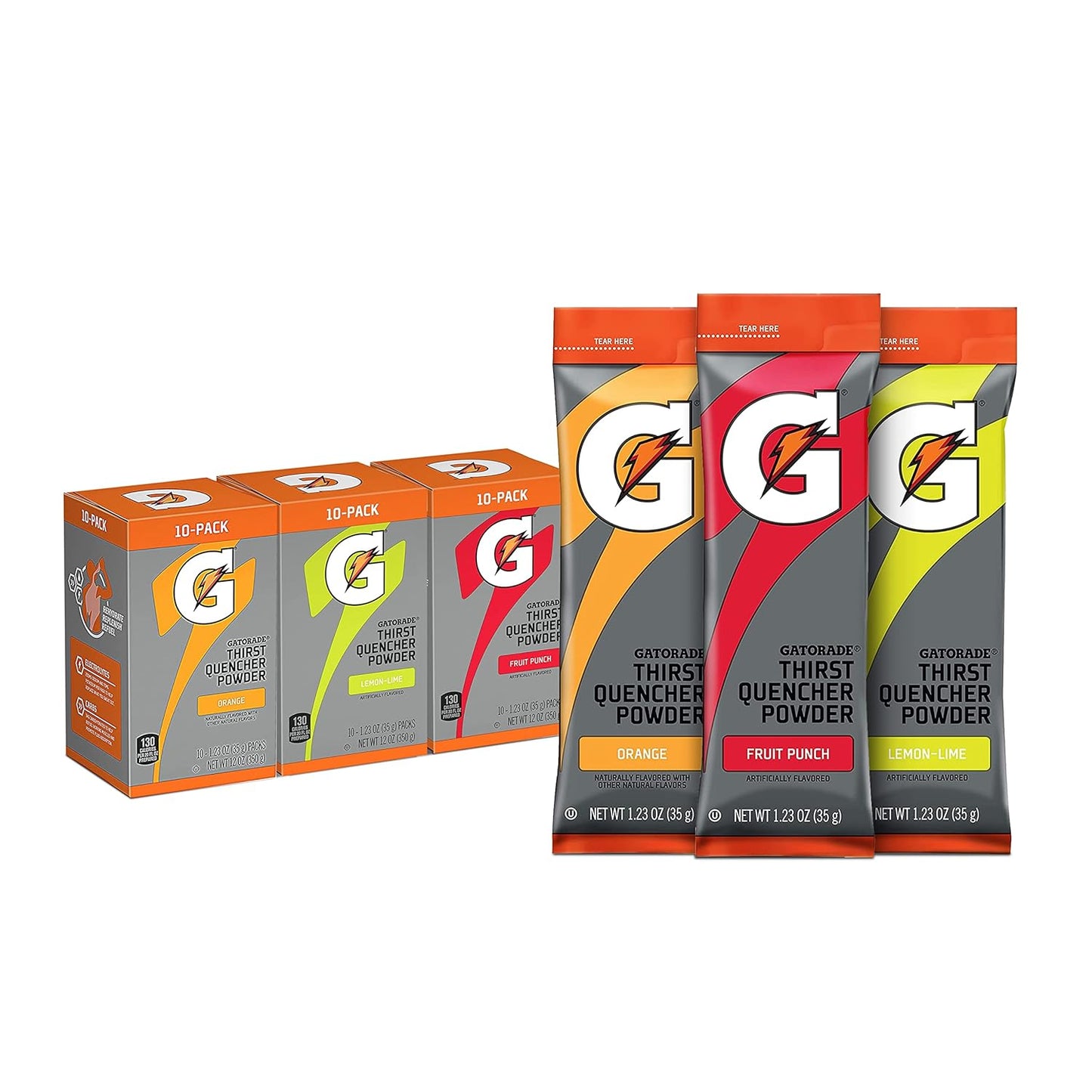 30-count variety pack with 10 sticks each of fruit punch, orange, and lemon lime