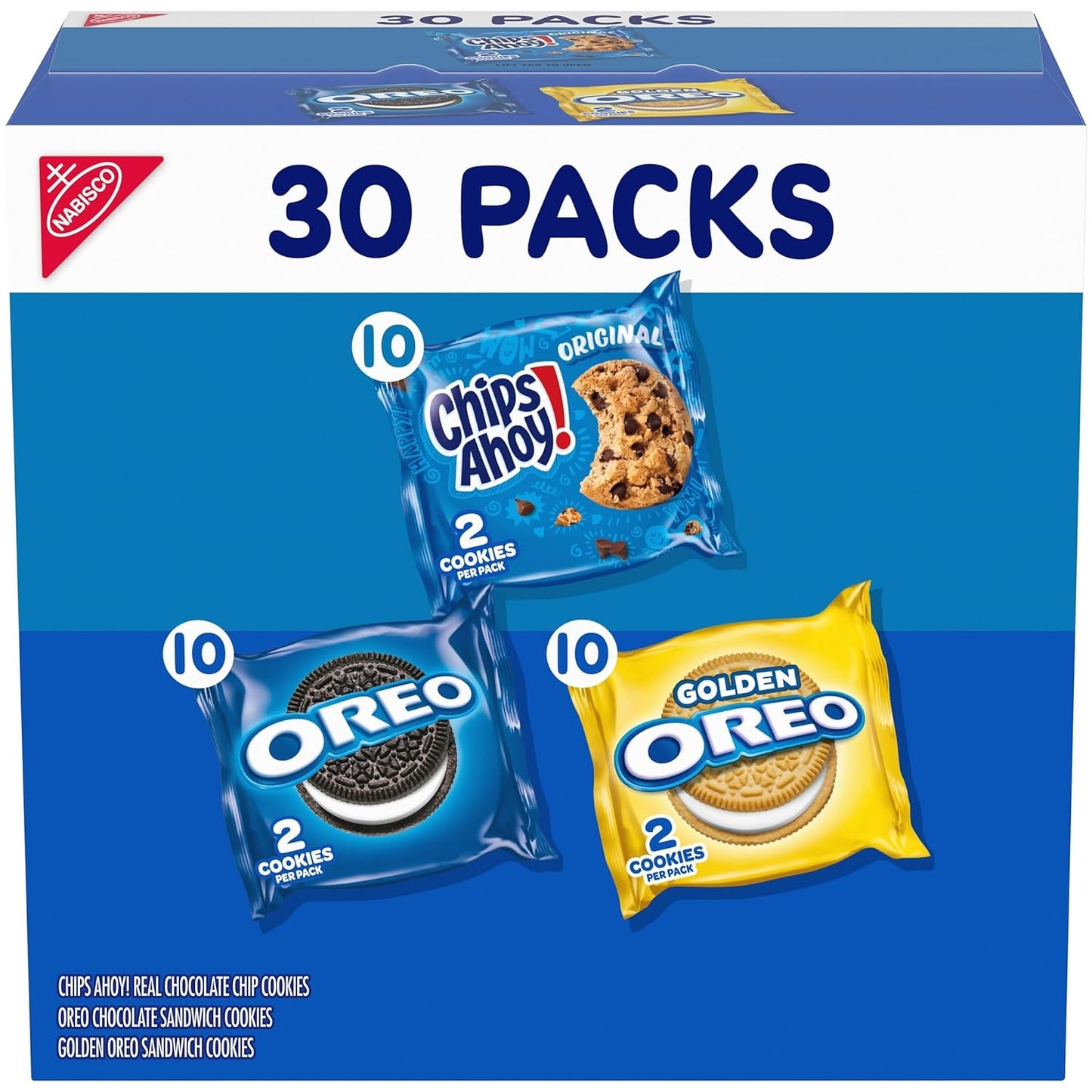 30 individually wrapped two-cookie snack pouches (10 of each: oreo original, oreo golden, chips ahoy!)