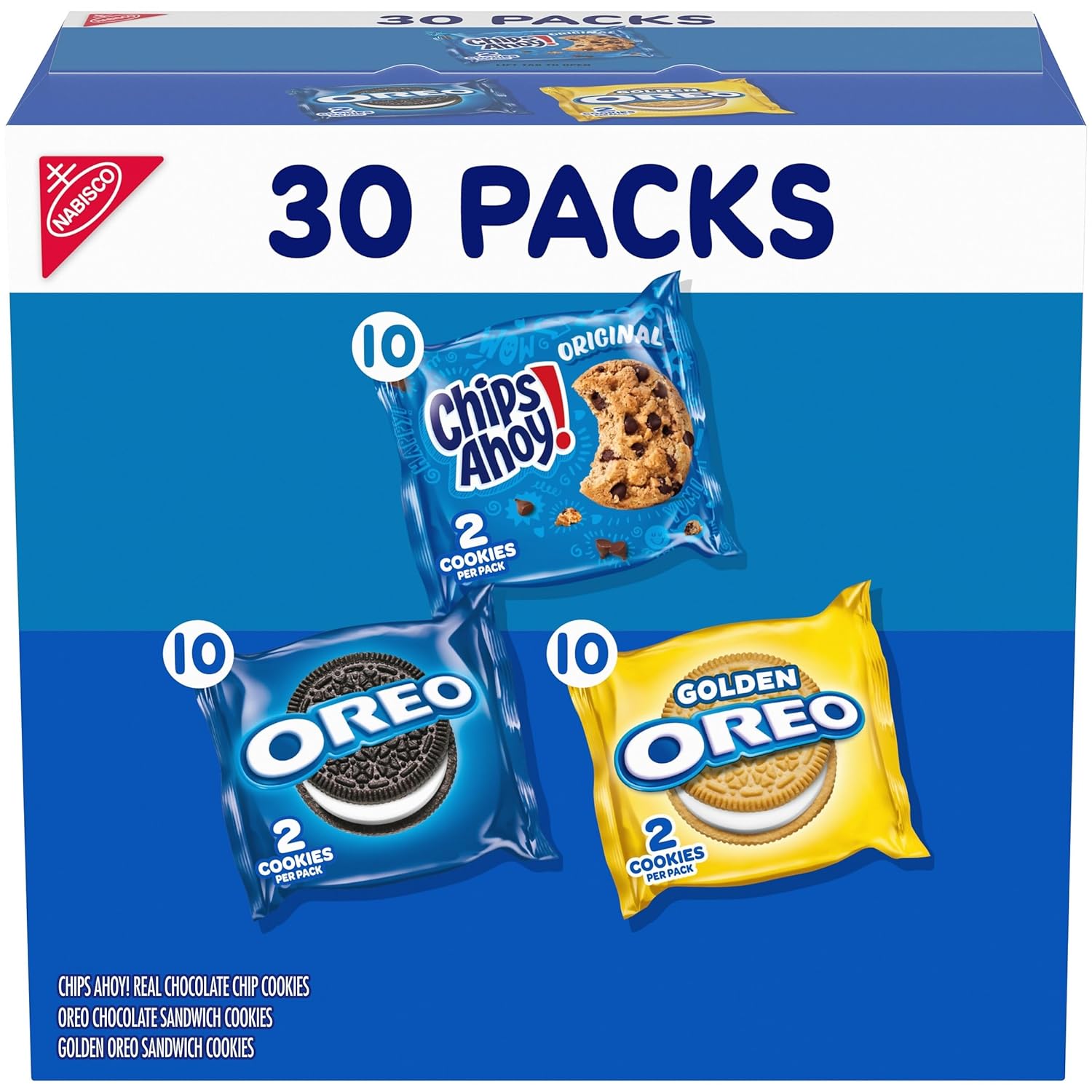 30 individually wrapped two-cookie snack pouches (10 of each: oreo original, oreo golden, chips ahoy!)