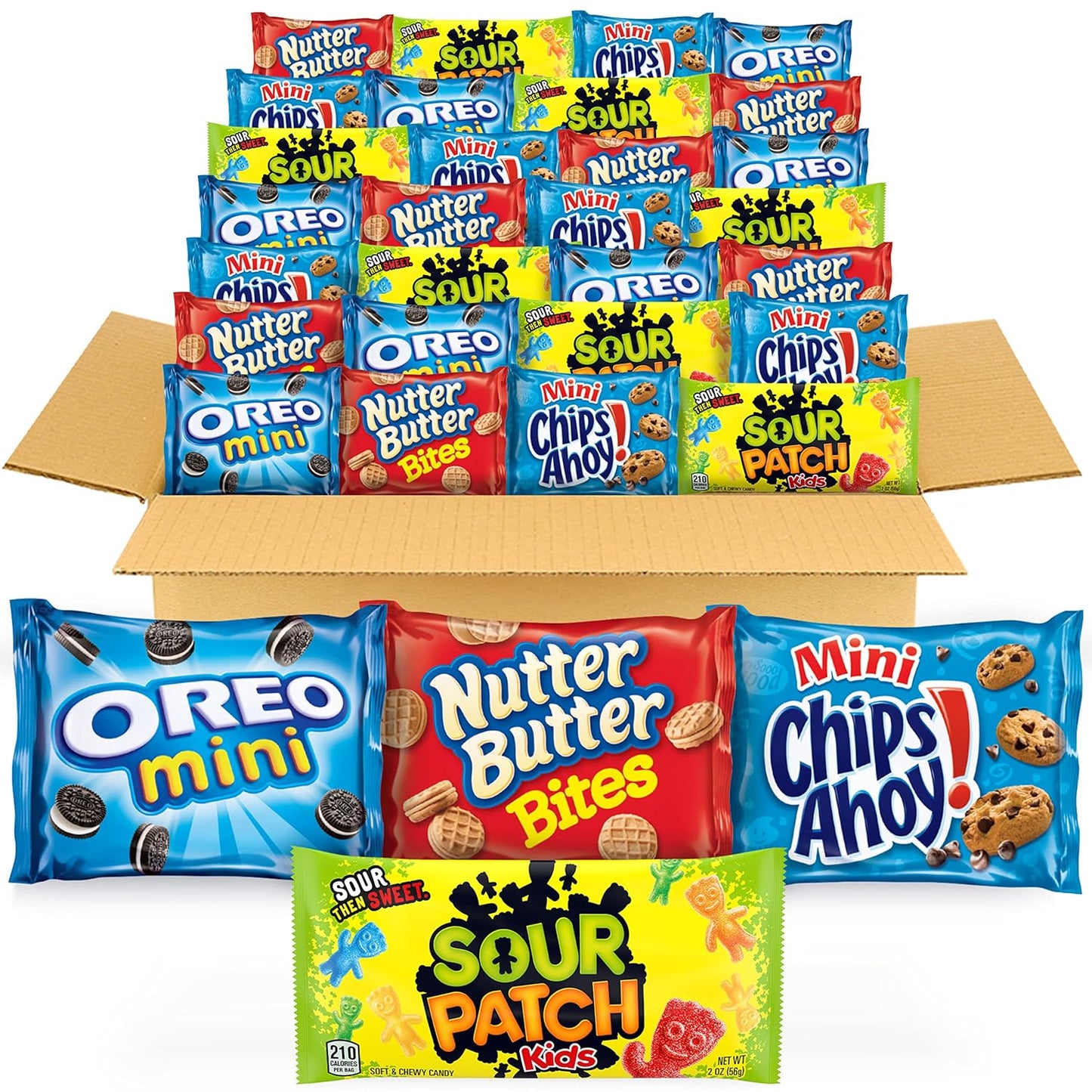 32 individually wrapped snack packs with 8 of each of oreo mini, chips ahoy! mini, sour patch kids, and nutter butter bites