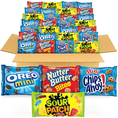 32 individually wrapped snack packs with 8 of each of oreo mini, chips ahoy! mini, sour patch kids, and nutter butter bites