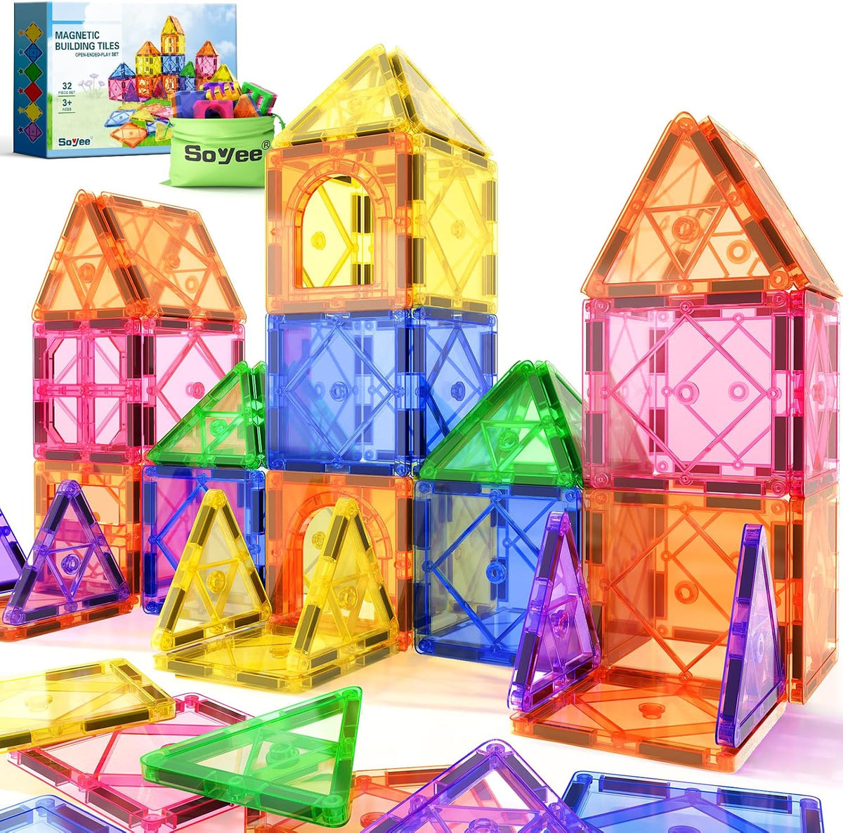 32 magnetic tiles in 2.95" × 2.95" standard size compatible with leading brands