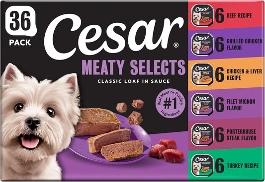 36-count variety pack covering 6 flavors: grilled chicken, filet mignon, porterhouse steak, beef, chicken & liver, and turkey