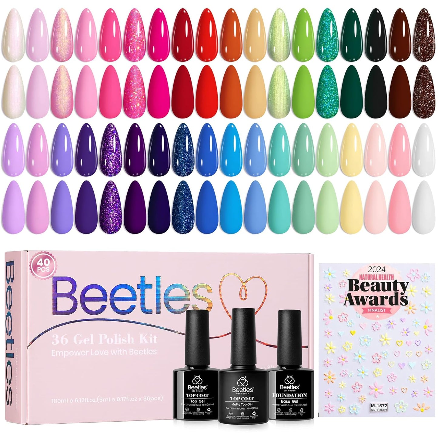 36 different gel polish shades (5ml each) covering pinks, whites, blacks, reds, purples, blues, yellows, and glitters