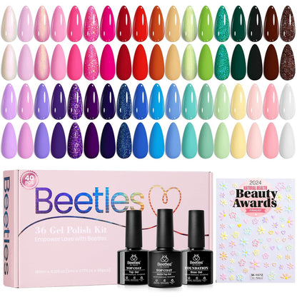 36 different gel polish shades (5ml each) covering pinks, whites, blacks, reds, purples, blues, yellows, and glitters