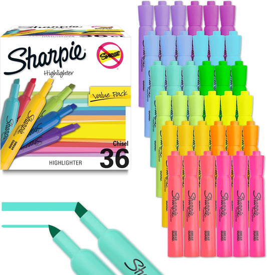 36 highlighters total, 3 of each of 12 assorted fashion colors (yellow, pink, bright orange, light blue, purple, green turquoise, cherry, sapphire, marigold, iris, lime green)