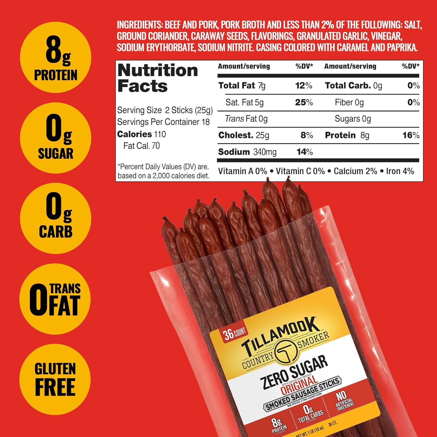 36 individually portioned meat sticks in a single bulk pack