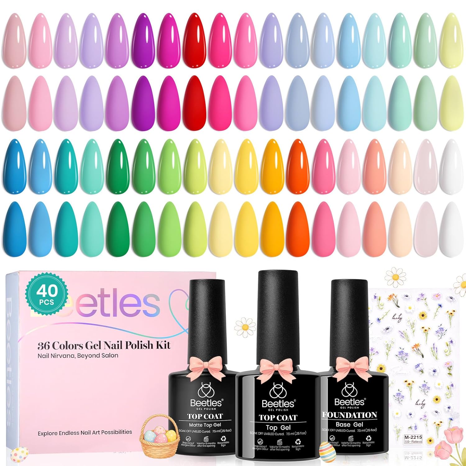 36 mini pastel gel polish bottles covering pink, red, green, blue, purple, and orange shades