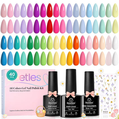 36 mini pastel gel polish bottles covering pink, red, green, blue, purple, and orange shades