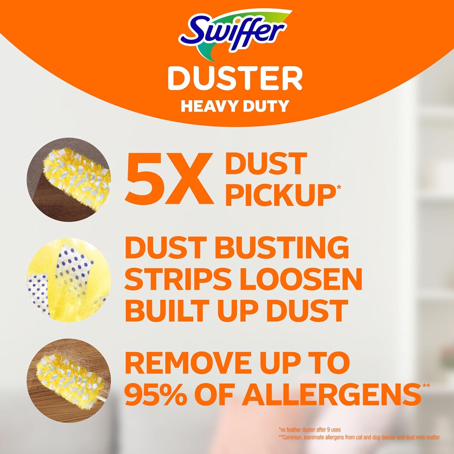 360° duster head with dust-busting strips that break down built-up dust layers