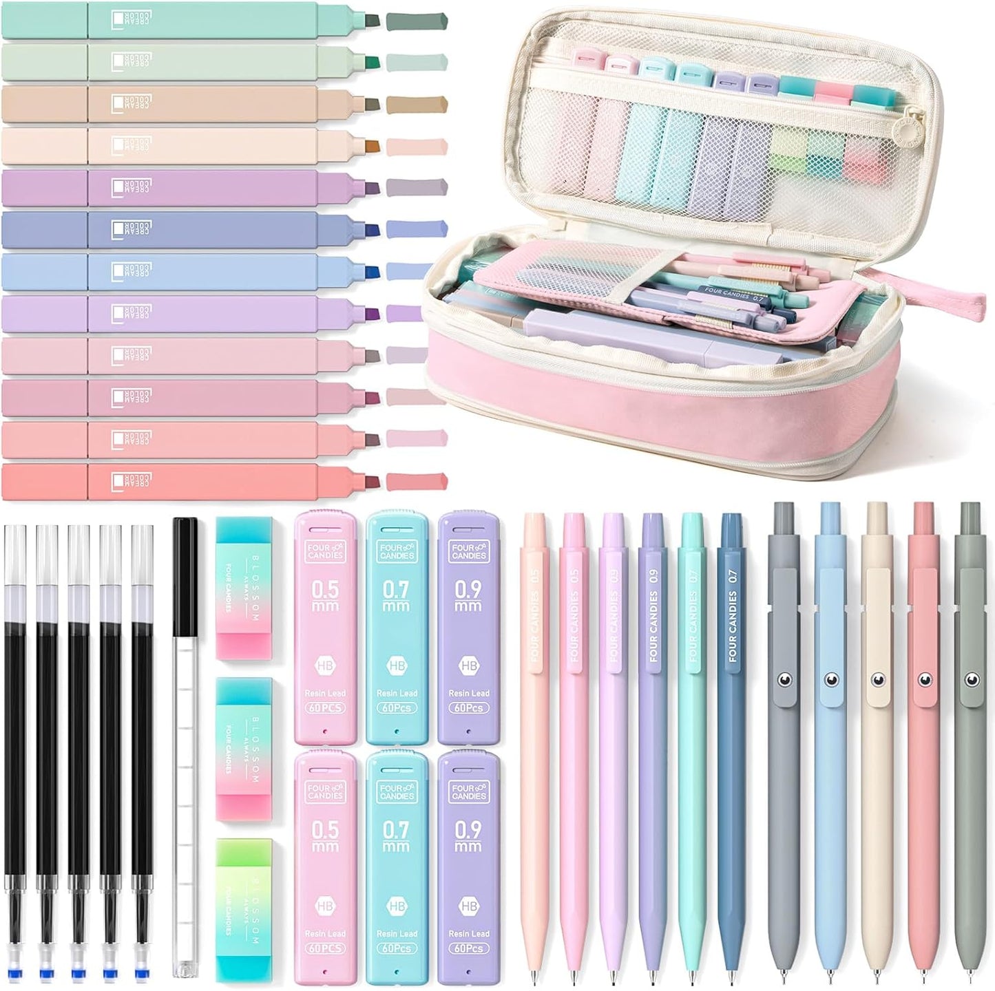 39-count bundle (or 45-count in black) including 12 highlighters, 6 mechanical pencils, 5 gel pens, refills, and erasers