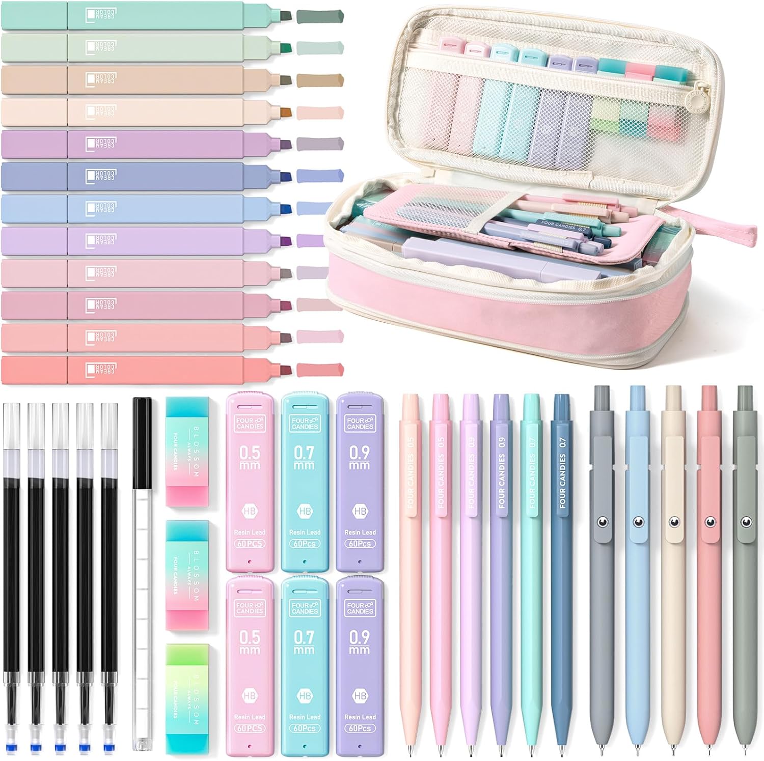 39-count bundle (or 45-count in black) including 12 highlighters, 6 mechanical pencils, 5 gel pens, refills, and erasers