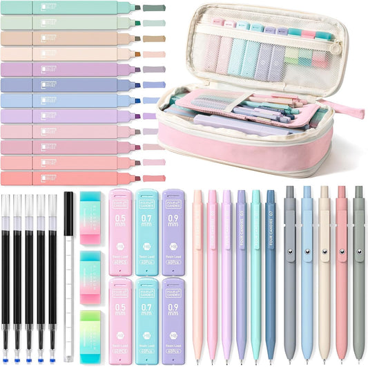 39-count bundle (or 45-count in black) including 12 highlighters, 6 mechanical pencils, 5 gel pens, refills, and erasers