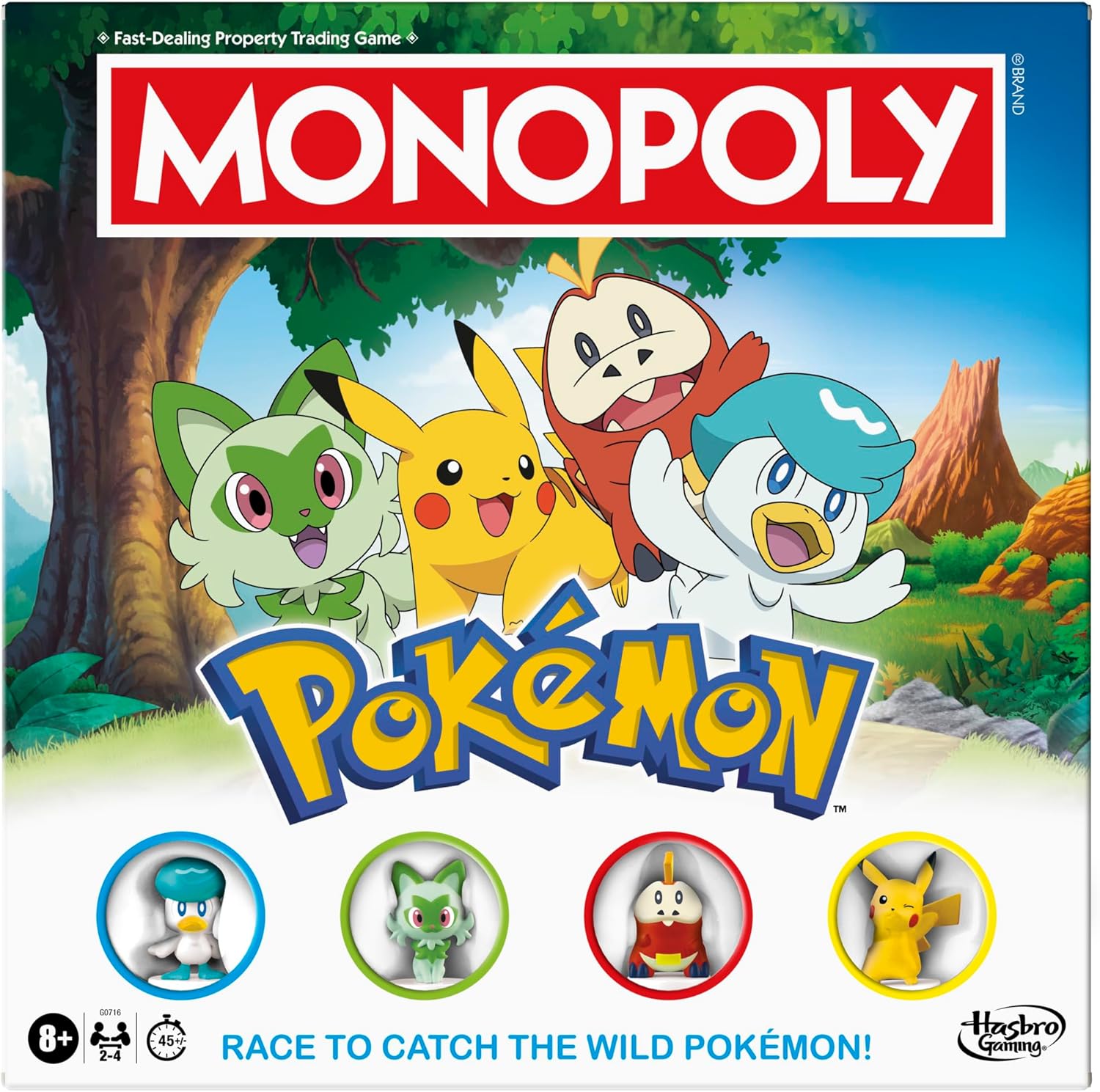 4 collectible pokémon character movers: sprigatito, fuecoco, quaxly, and pikachu