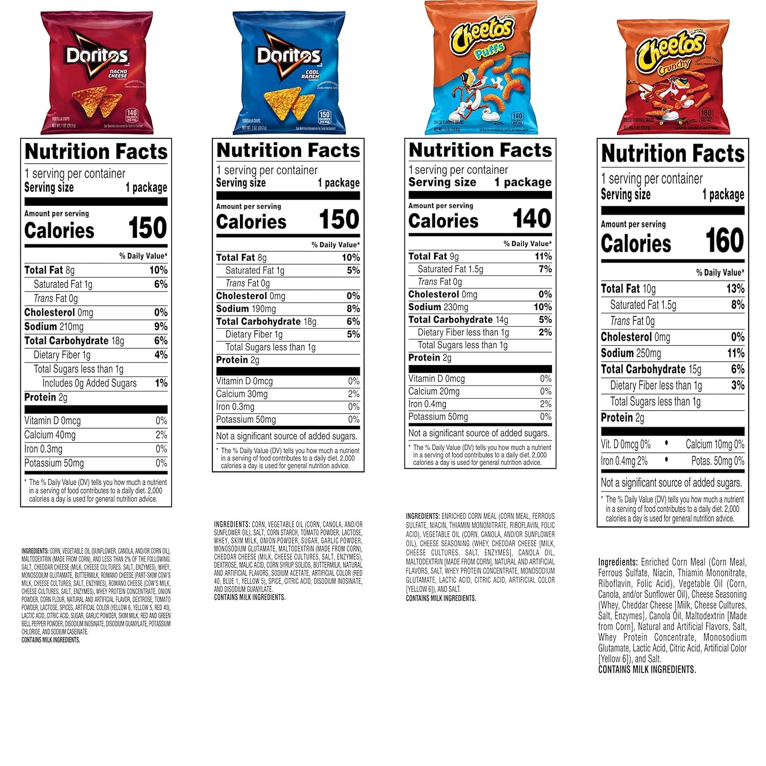 4 different doritos and cheetos varieties included in equal 10-count portions