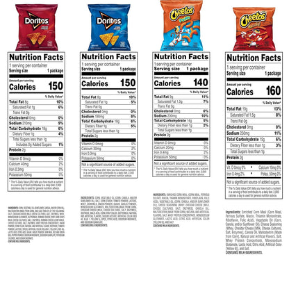 4 different doritos and cheetos varieties included in equal 10-count portions