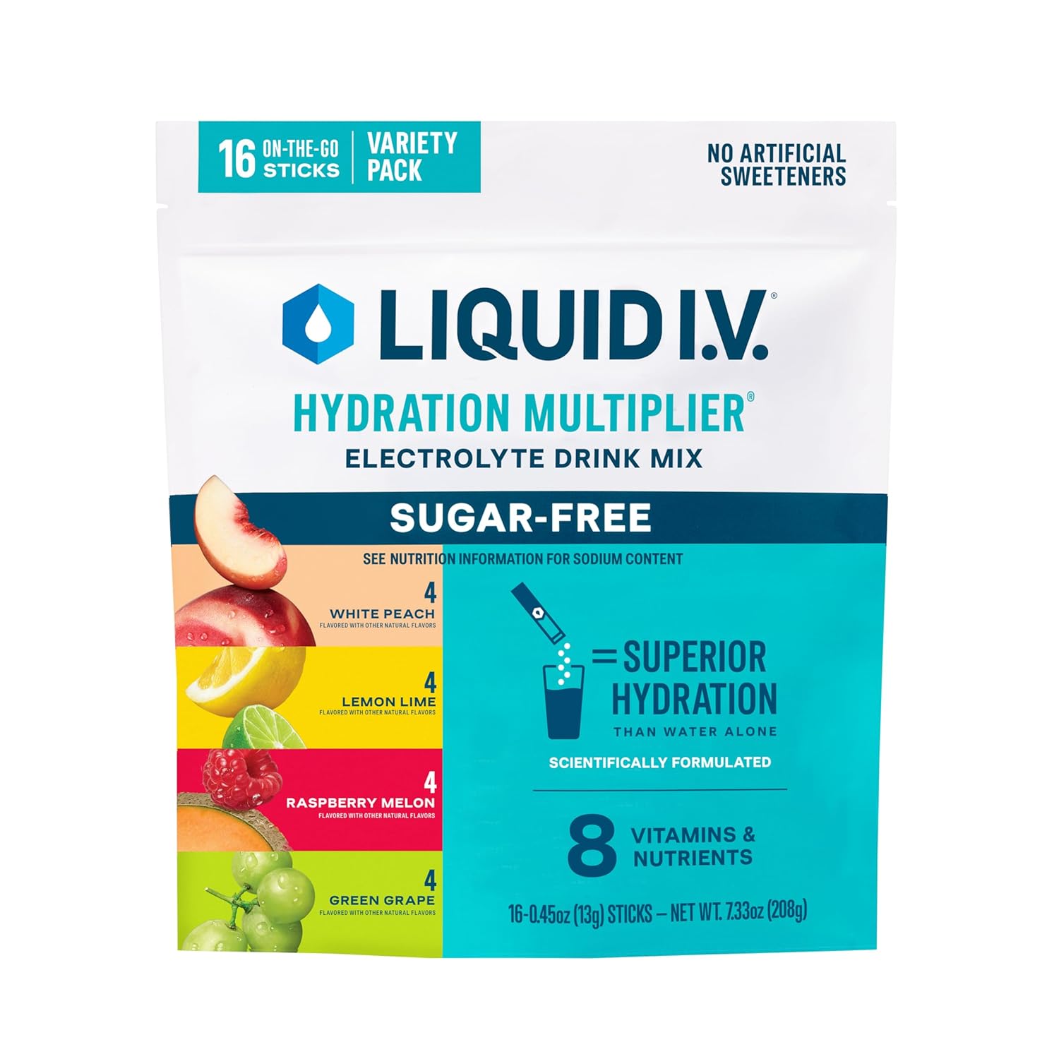 4-flavor sugar-free variety pack (raspberry melon, lemon lime, white peach, green grape) with 16 single-serve packets