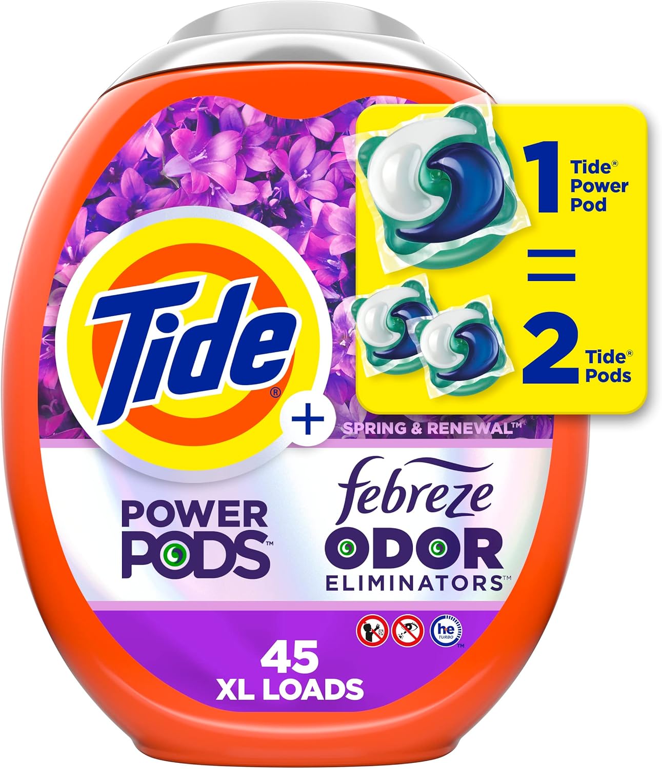 4-in-1 pod technology combining concentrated detergent, febreze odor eliminators, stain removers, and lasting freshness
