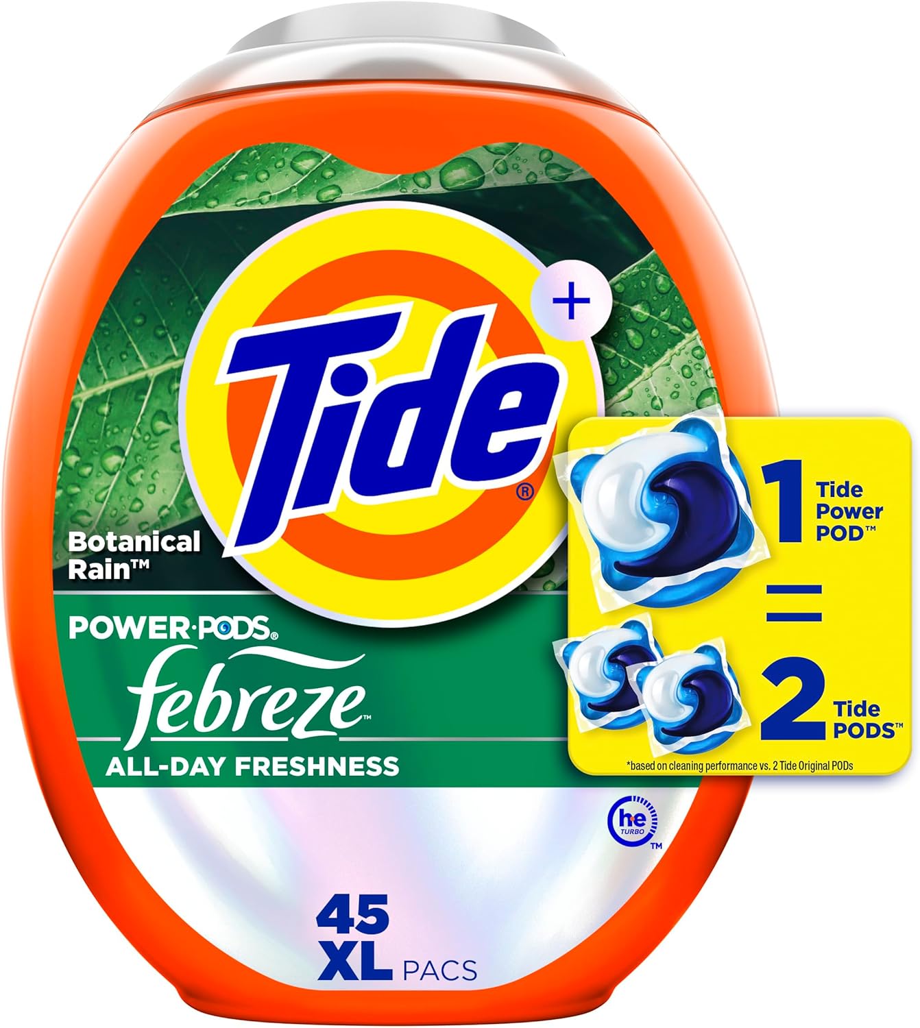 4-in-1 technology combining detergent, febreze odor eliminators, stain removers, and freshness