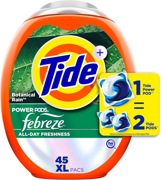 4-in-1 technology combining detergent, febreze odor eliminators, stain removers, and freshness