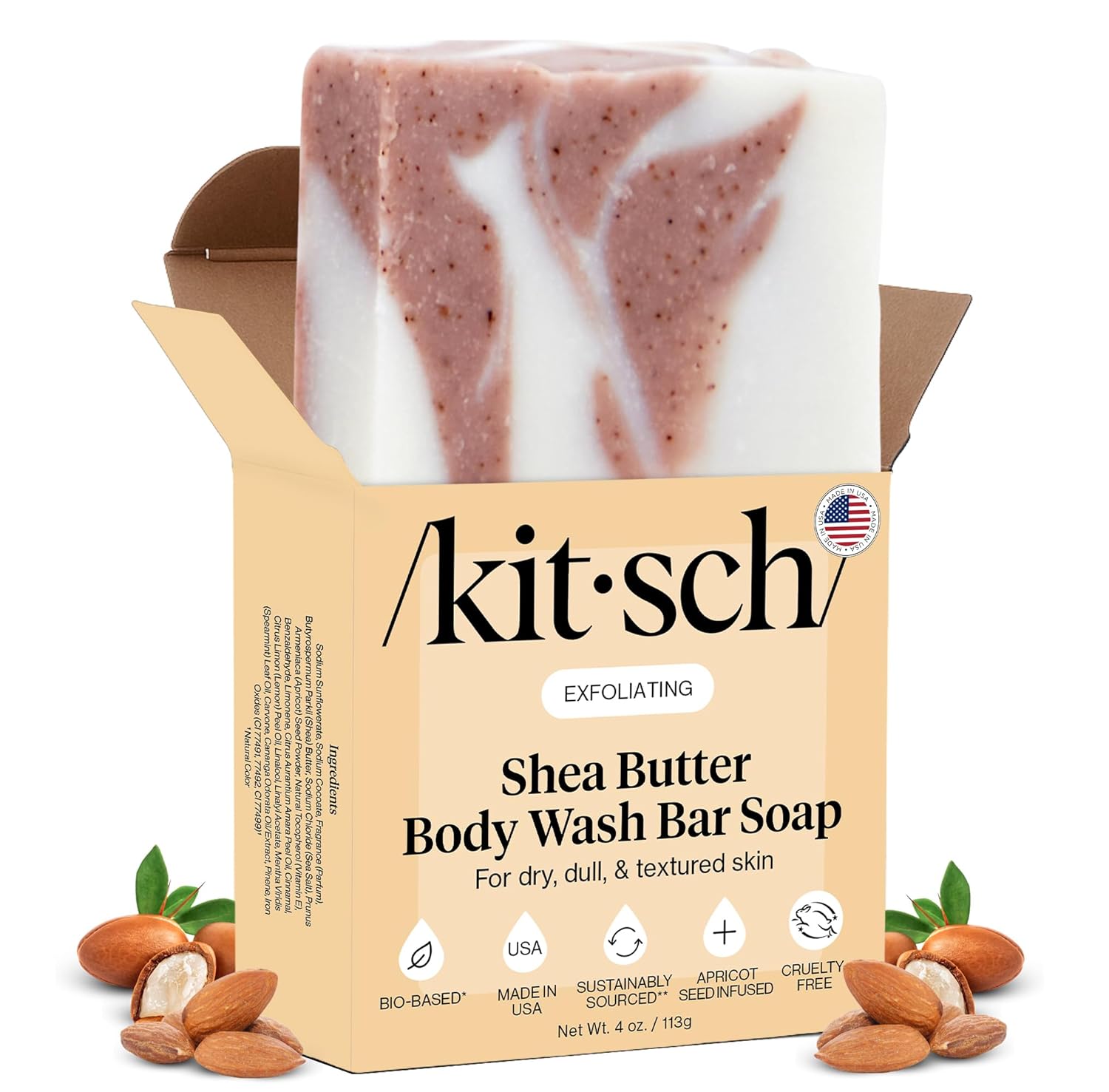 4 oz solid bar soap format with shea butter and apricot seed powder exfoliant
