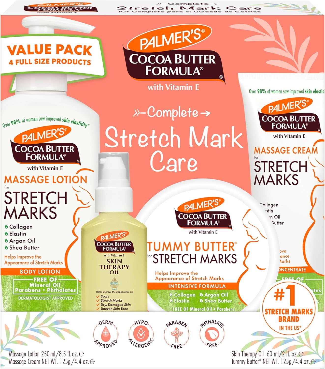 4-piece full-size set: stretch mark lotion, stretch mark cream, tummy butter balm, and skin therapy body oil