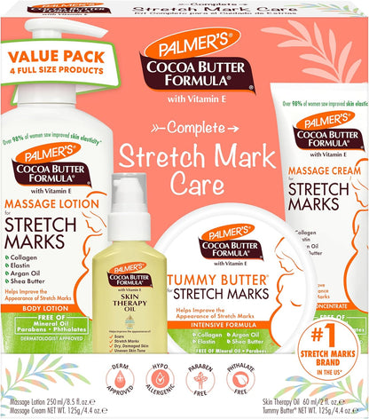 4-piece full-size set: stretch mark lotion, stretch mark cream, tummy butter balm, and skin therapy body oil