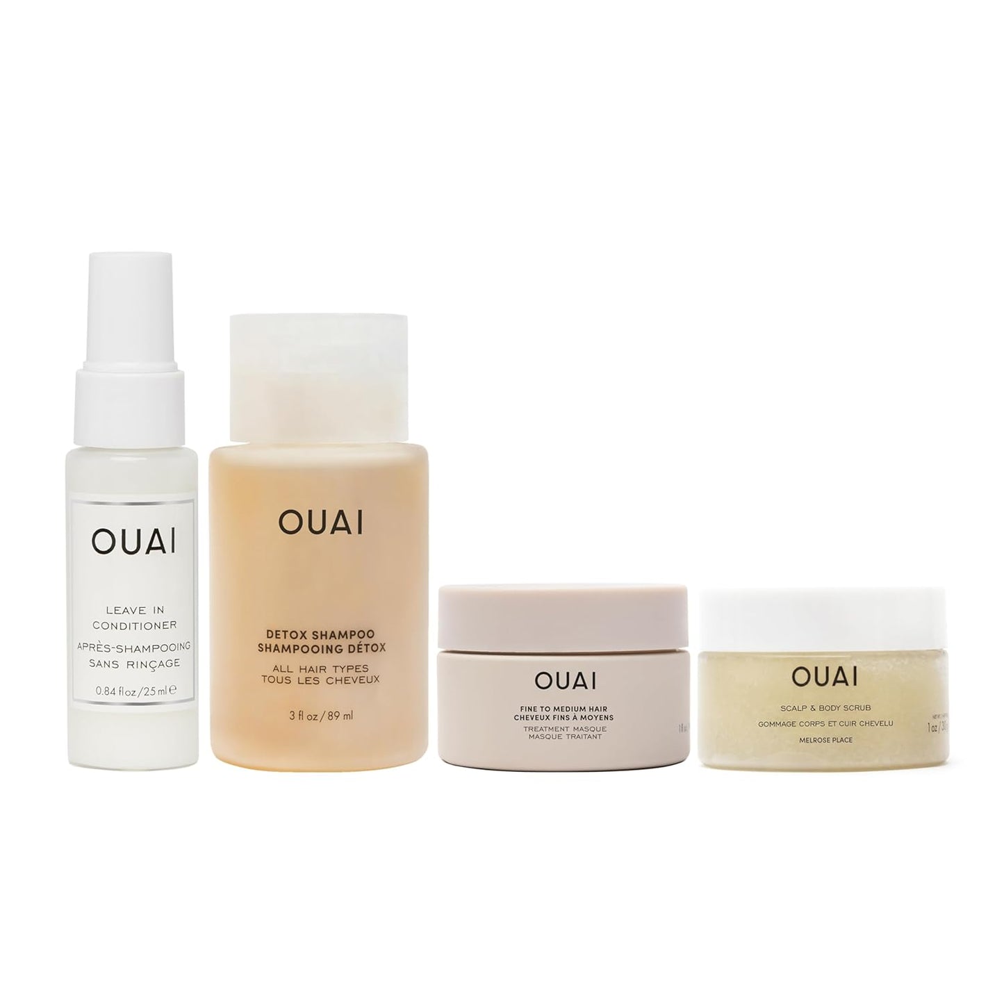 4-piece travel size kit containing leave-in conditioner, detox shampoo, hair mask, and scalp & body scrub