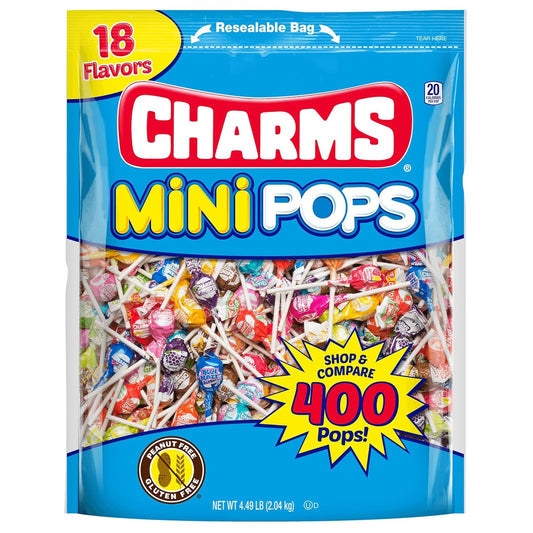 400 individually wrapped mini lollipop pops in a single 4.5 lb resealable bag