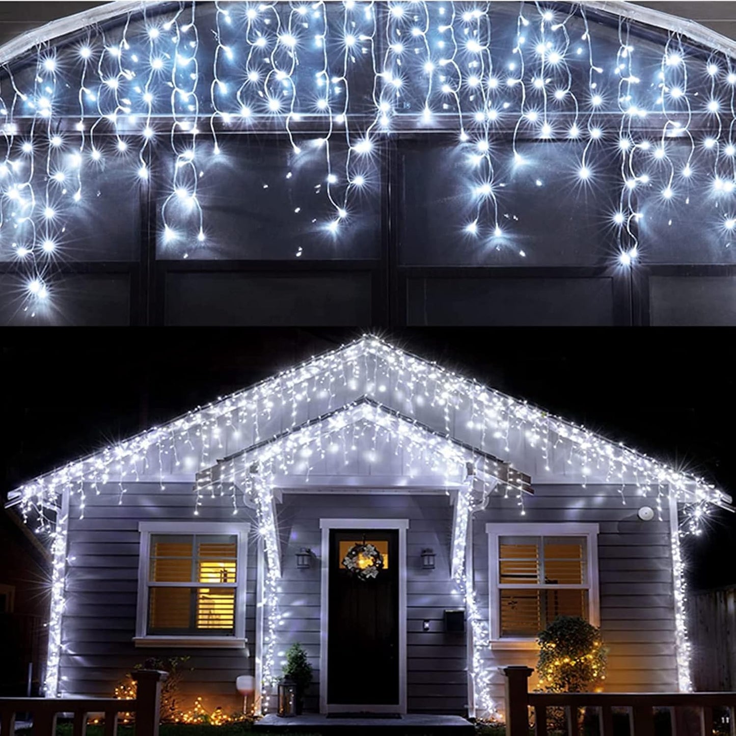 400 leds across 32ft with 75 hanging drops for a dense icicle/curtain effect