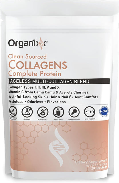 5 hydrolyzed collagen types (i, ii, iii, v, x) from multiple premium sources