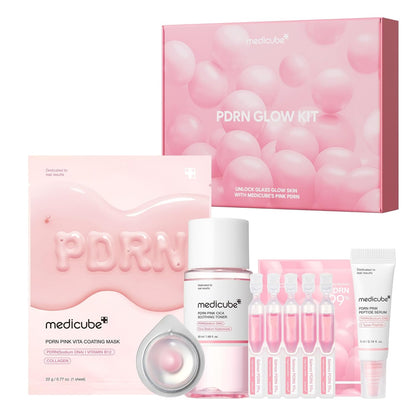 5 mini-sized pink pdrn products: toner, serum, ampoule, capsule cream, and sheet mask