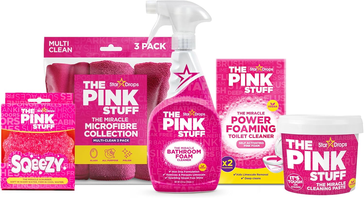 5-piece bundled kit: cleaning paste, bathroom foam spray, toilet foaming powder, sqeezy sponge, and 3-pack microfiber cloths