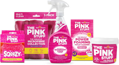 5-piece bundled kit: cleaning paste, bathroom foam spray, toilet foaming powder, sqeezy sponge, and 3-pack microfiber cloths