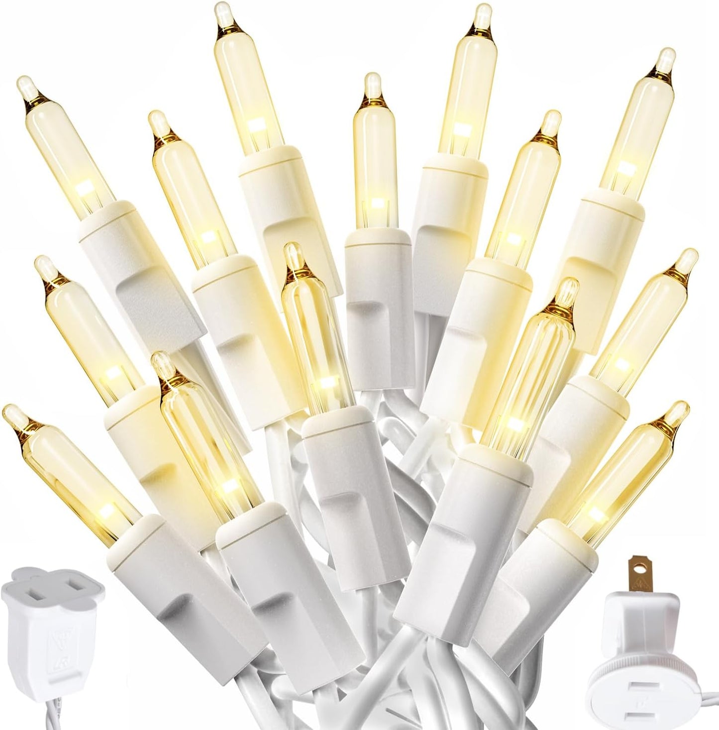 50 incandescent warm white bulbs spaced 2 inches apart on a 10 ft white wire