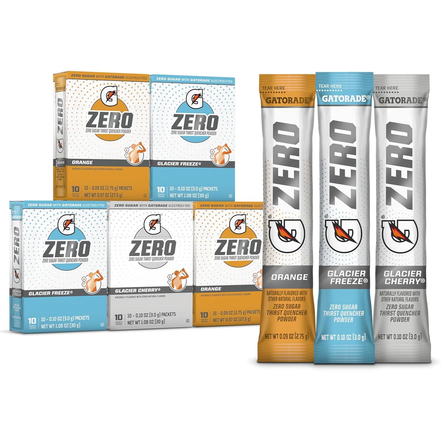 50 individual 0.10oz powder packets (20 glacier freeze + 20 orange + 10 glacier cherry)