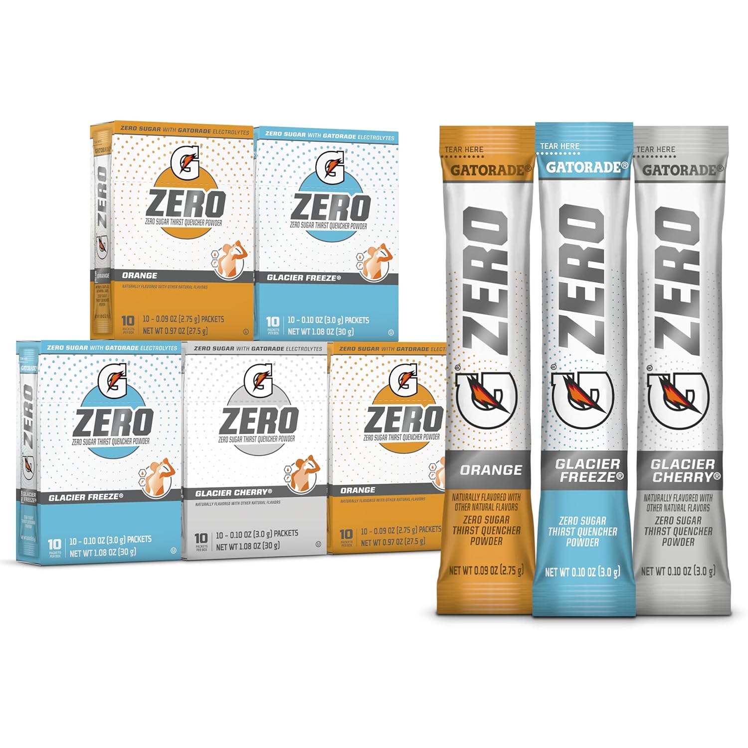 50 individual 0.10oz powder packets (20 glacier freeze + 20 orange + 10 glacier cherry)