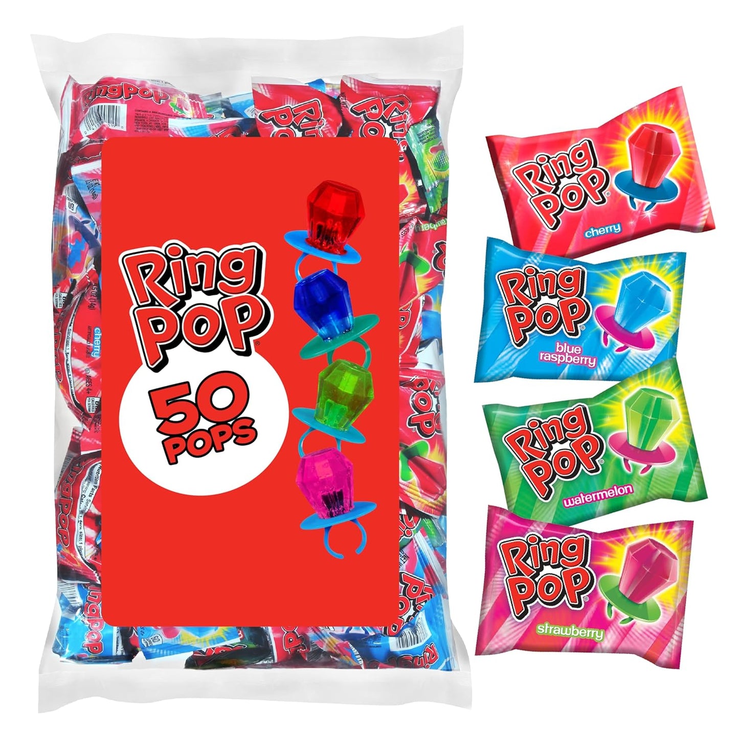 50 individually-wrapped ring pop lollipops per bag