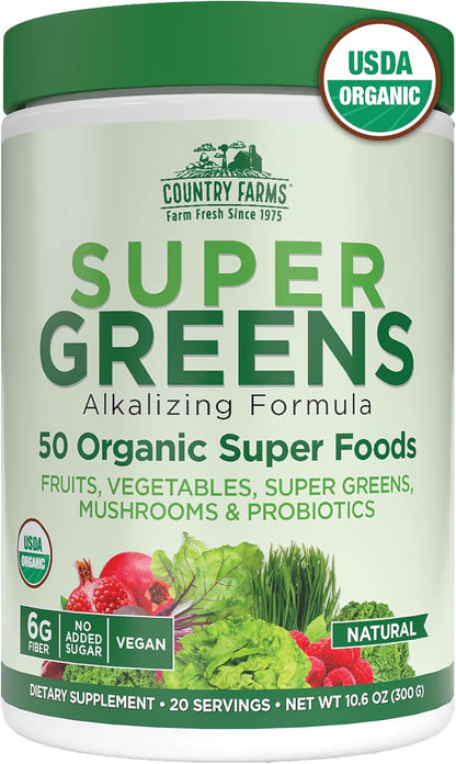 50 organic superfoods including chlorella, wheat grass, spirulina, and berry polyphenols