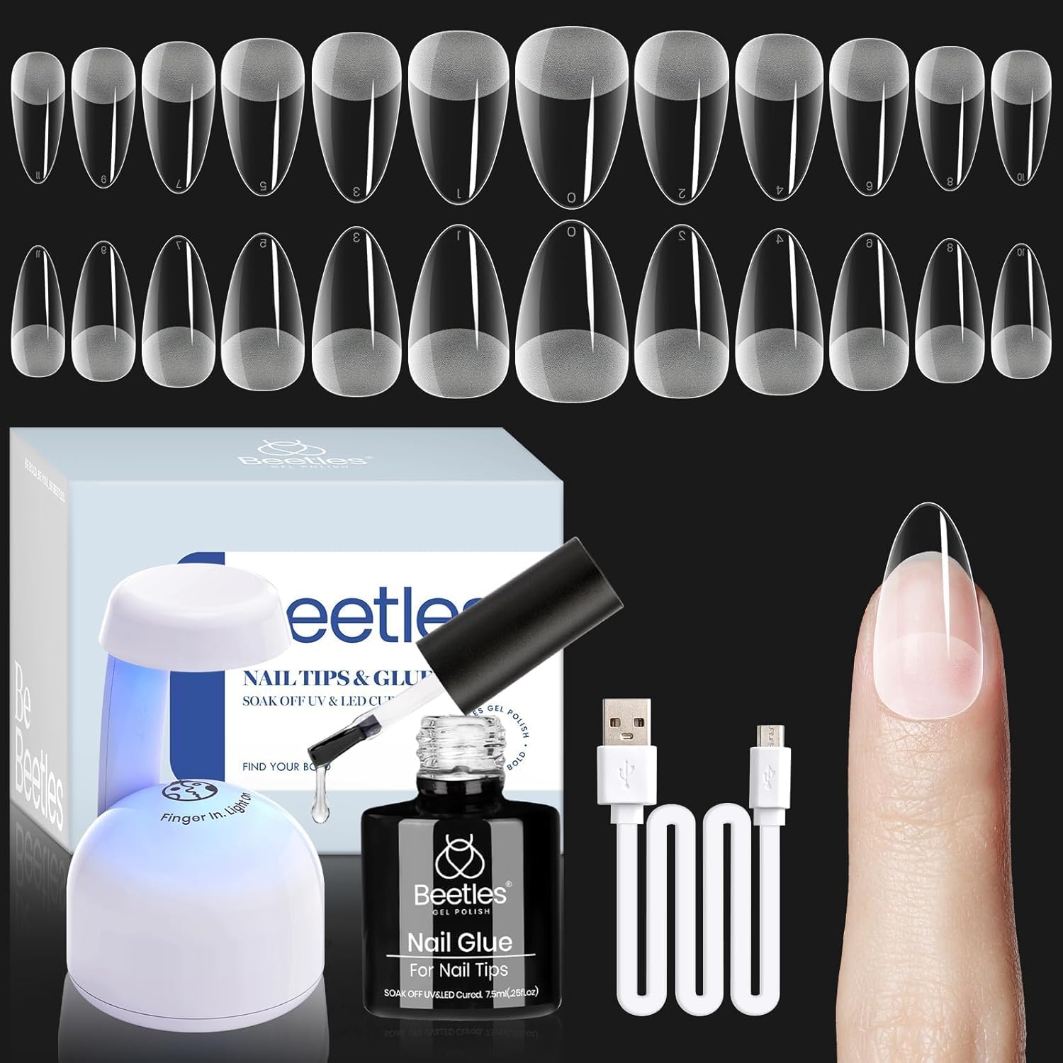 504-piece pmma nail tip set in 12 numbered sizes (0-11) with half-matte etch-x finish