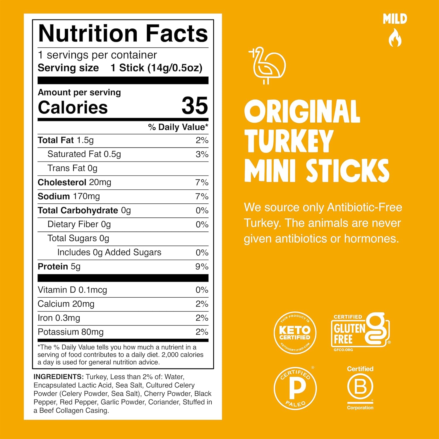 5g protein, 0g sugar, 35 calories per stick
