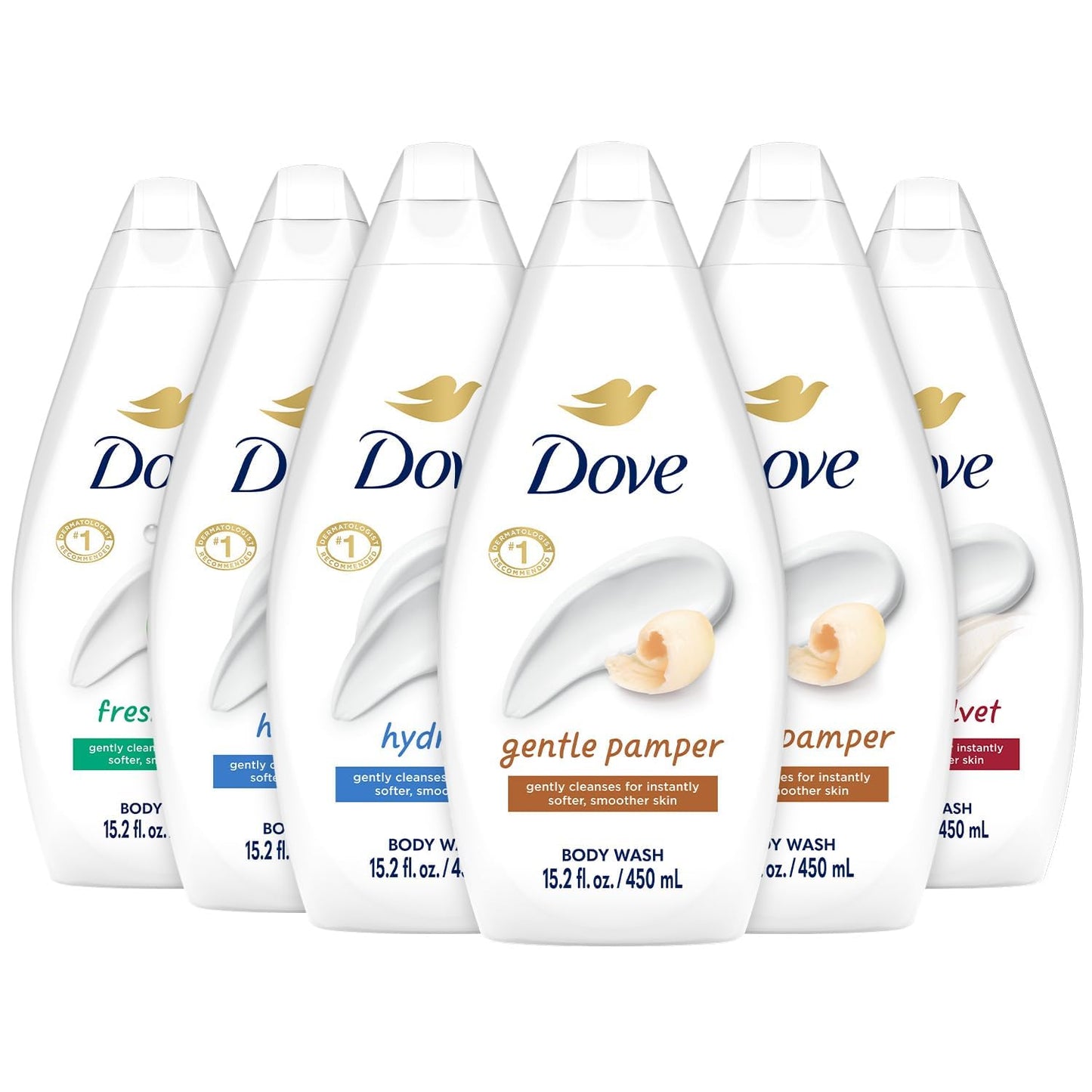 6-bottle variety configuration: 2x hydrate, 2x gentle pamper, 1x fresh care, 1x silky velvet
