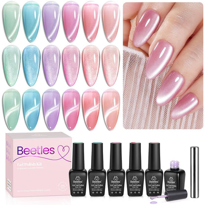 6 cat eye gel polish bottles in pastel fairy garden shades (pink, red, blue, orange, green, purple)
