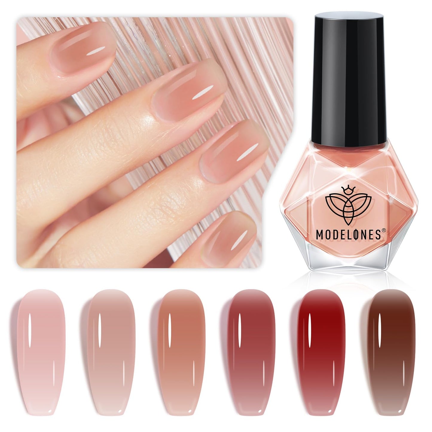 6-color sheer jelly nail polish set in red, pink, nude, and brown tones