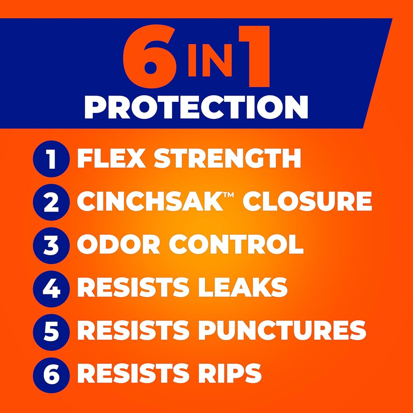 6-in-1 protection: flex strength, cinchsak closure, odor control, and resistance to leaks, punctures, and rips