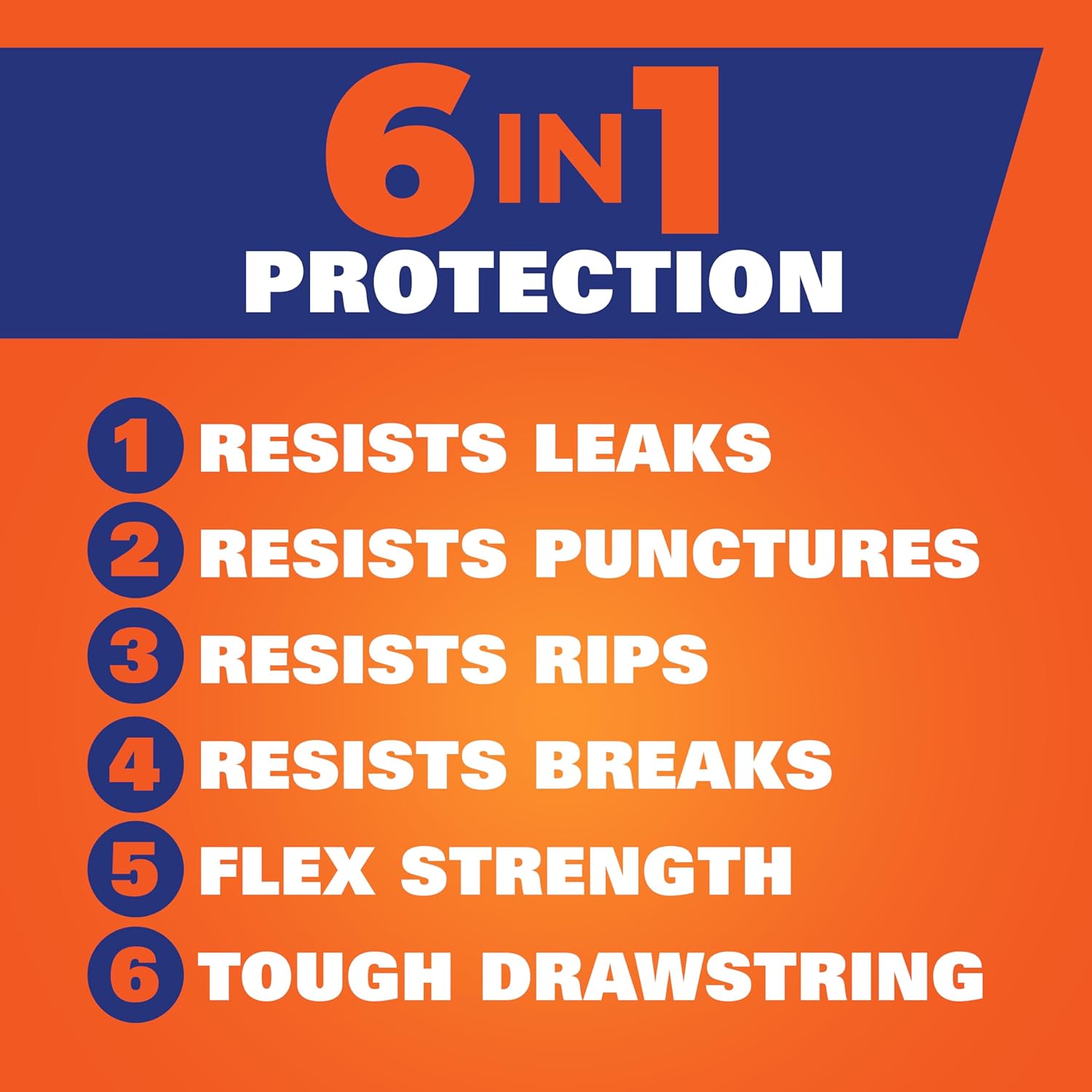 6-in-1 protection: flex strength, tough drawstring, odor control, leak, puncture, and rip resistance