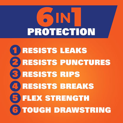 6-in-1 protection: flex strength, tough drawstring, odor control, leak, puncture, and rip resistance