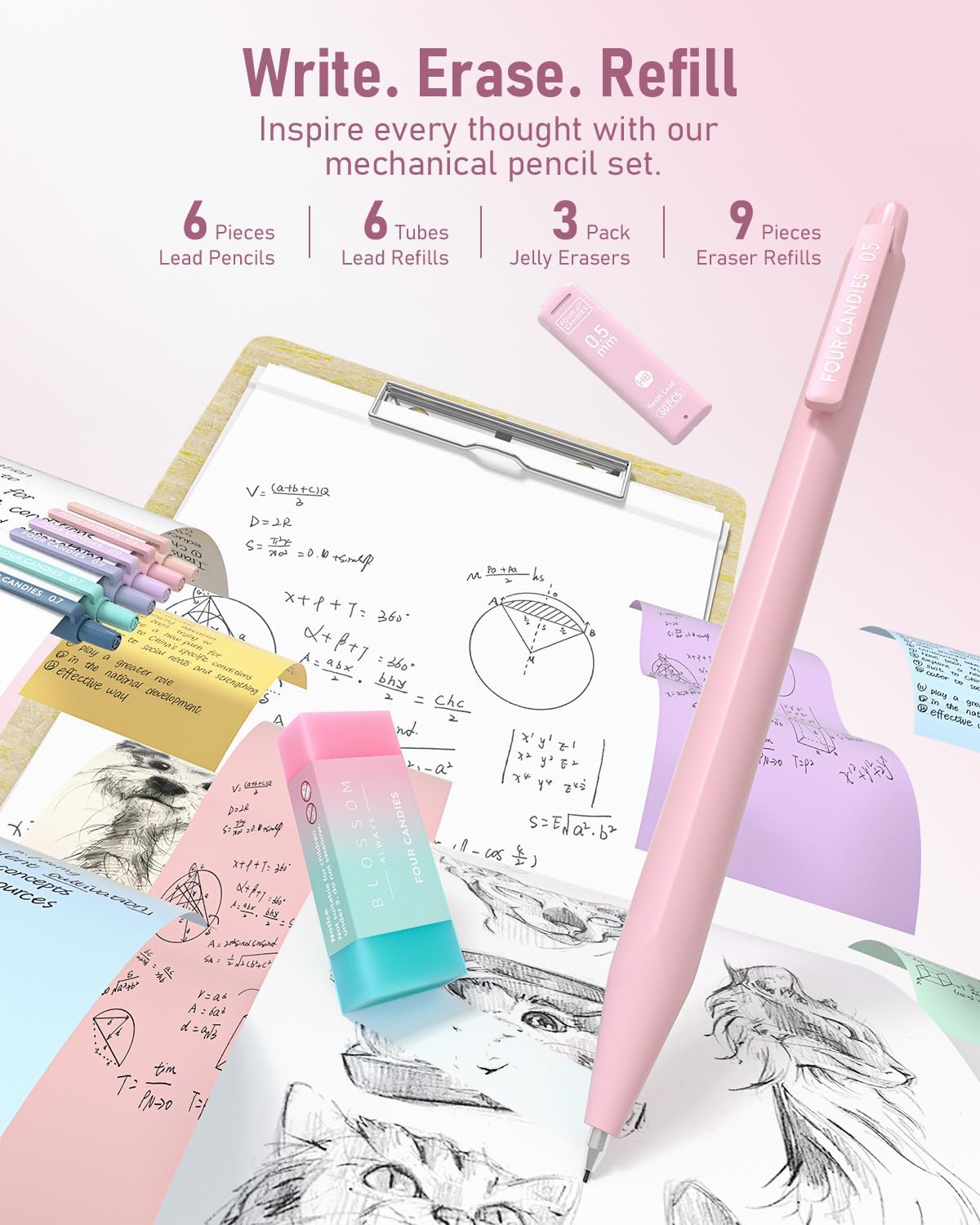 6 mechanical pencils in 0.5mm, 0.7mm, and 0.9mm sizes with triangular ergonomic grips