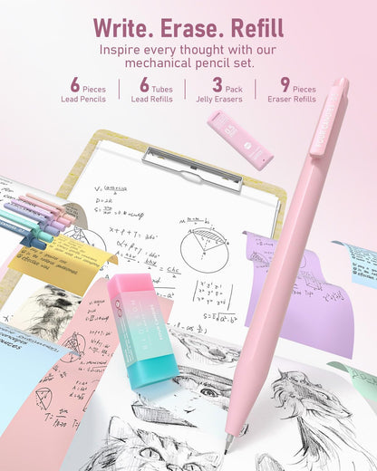 6 mechanical pencils in 0.5mm, 0.7mm, and 0.9mm sizes with triangular ergonomic grips